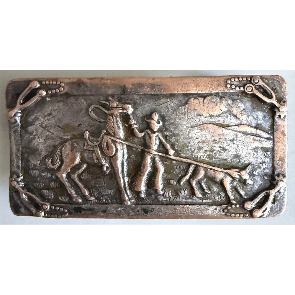 Vintage Pressed‑Brass Western Buckle, Rustic Cowboy Calf Roping Ranch Scene 50s